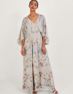 Beige Women's Monsoon Seraphina Embroidered Cape Maxi Dress | LVT-6739