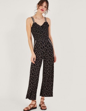 Black Women's Monsoon Dot Print Shirred in LENZING™ ECOVERO™ Jumpsuit | QNZ-8722