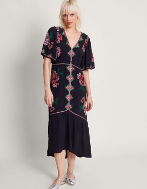 Black Women's Monsoon Everly Embroidered Tea Dress | ZQH-4458