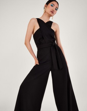 Black Women's Monsoon Jersey Smart Cross-over Jumpsuit | PMG-9231