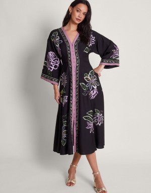 Black Women's Monsoon Kaya Embroidered Dress | PKP-9361