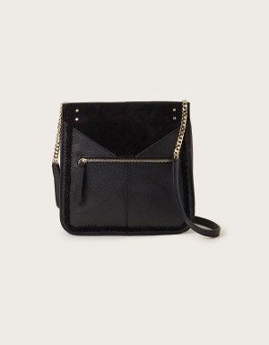 Black Women's Monsoon Large Leather Cross-Body Bags | ETH-1331