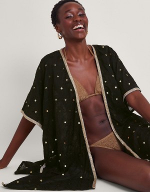 Black Women's Monsoon Sequin Embellished Kimono Swimwear | RKJ-3672