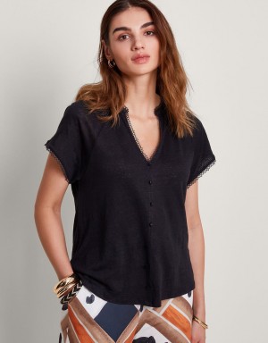 Black Women's Monsoon Viora Linen T-Shirt | XRB-2388