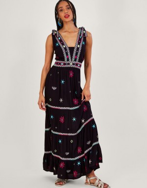 Black Women's Monsoon Wide Strap Motif Embroidered Maxi Cami Dress | YAE-2964