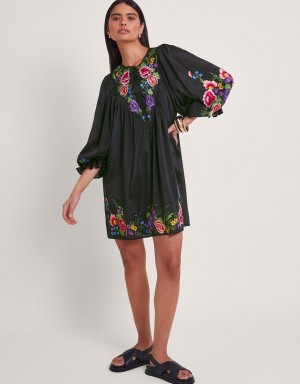 Black Women's Monsoon Winny Embroidered Tunic Dress | ISQ-6221