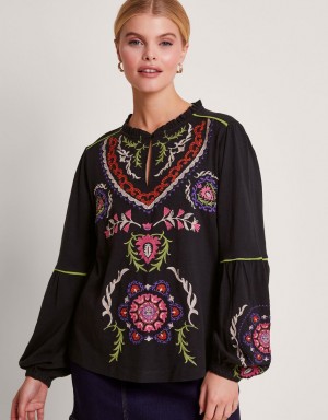 Black Women's Monsoon Xoey Embroidered Blouse | MNJ-7806