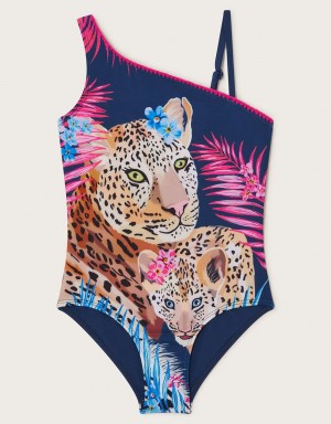 Blue Kids' Monsoon Asymmetric Leopard Swimsuit Swimwear | GRD-1743