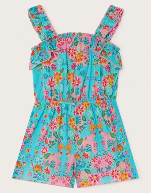 Blue Kids' Monsoon Floral Frill Romper Swimwear | XJY-7988