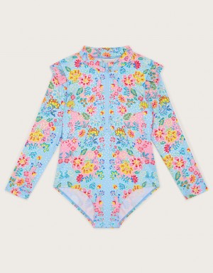 Blue Kids' Monsoon Floral Swimsuit with UPF50+ Protection Swimwear | RJH-8711