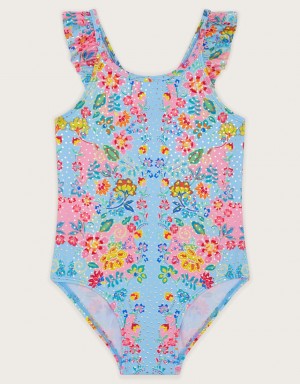 Blue Kids' Monsoon Foil Floral Print Swimsuit Swimwear | RGI-7240