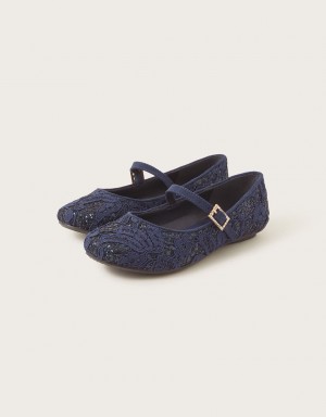 Blue Kids' Monsoon Glitter Lace Ballerina Flats | WKZ-0648