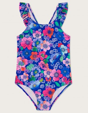 Blue Kids' Monsoon Retro Floral Swimsuit Swimwear | PDT-7197