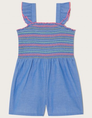 Blue Kids' Monsoon Shirred Chambray Romper Swimwear | SNG-0519