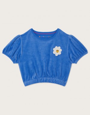 Blue Kids' Monsoon Velour Puff Sleeve Tops | ZYL-0730