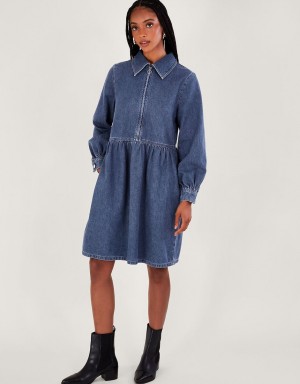 Blue Women's Monsoon Alana Shirt Zip Denim Dress | XGL-3494