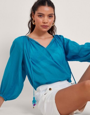 Blue Women's Monsoon Amy Tie Neck Tops | QVI-7551