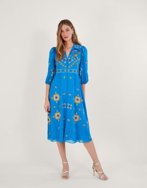 Blue Women's Monsoon Blair Embroidered Shirt in Recycled Polyester Dress | XUT-3152