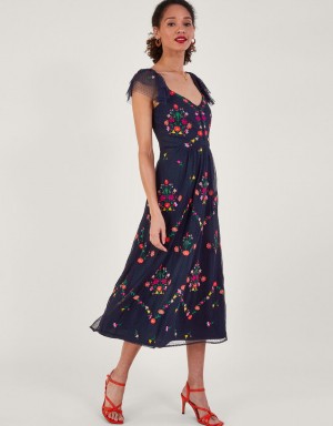 Blue Women's Monsoon Bonnie Floral Embroidered Tea Dress | BKT-6893