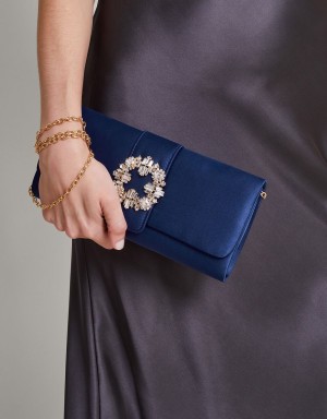 Blue Women's Monsoon Brooch Detail Satin Clutch Bags | FYI-6051