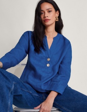 Blue Women's Monsoon Camille Button Linen Tops | UUA-1509