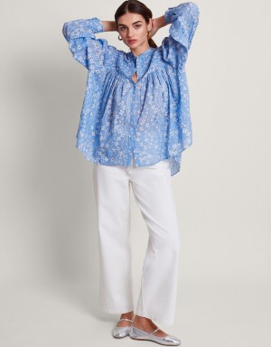 Blue Women's Monsoon Dahlia Print Shirts | OMH-5241