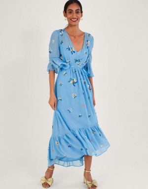 Blue Women's Monsoon Daniella Embellished Wrap in Recycled Polyester Dress | PUF-9462