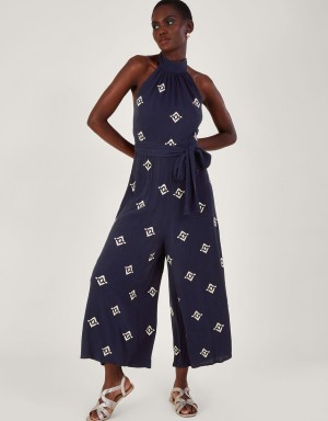 Blue Women's Monsoon Embroidered Motif Halter Neck Jumpsuit | WOW-5440