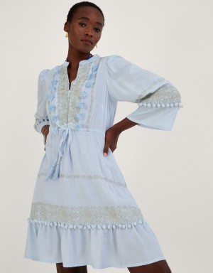 Blue Women's Monsoon Embroidered Pom-Pom Kaftan in LENZING™ ECOVERO™ Dress | SXO-6711