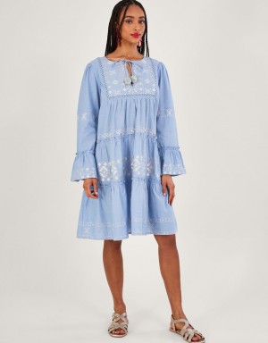 Blue Women's Monsoon Embroidered Tiered Dress | DVC-0781