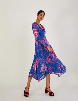 Blue Women's Monsoon Evanah Floral Hanky Hem in Sustainable Viscose Dress | TWQ-1042