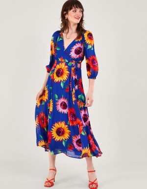 Blue Women's Monsoon Francesca Floral Print Wrap in Sustainable Viscose Dress | JFL-4239