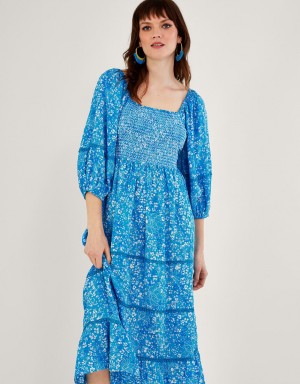 Blue Women's Monsoon Gabby Shirred in Sustainable Viscose Dress | YRT-9314