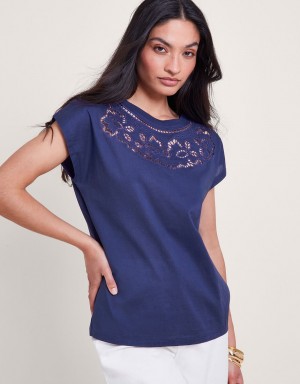 Blue Women's Monsoon Garcia Cutwork T-Shirt | BEX-3535