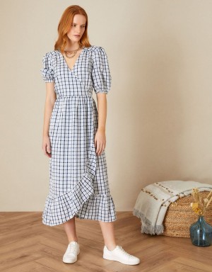 Blue Women's Monsoon Gingham Wrap Dolly Dress | LQG-7136