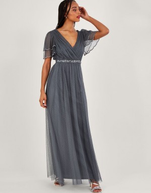 Blue Women's Monsoon Isla Spot Mesh Maxi Dress | UTY-1405