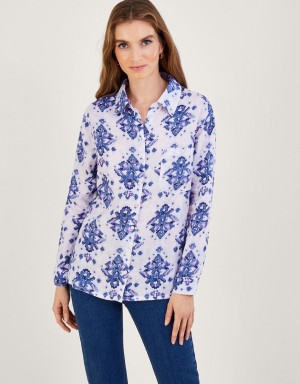 Blue Women's Monsoon Laurie Ikat Button Through Linen Shirts | SVM-8418