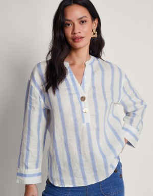 Blue Women's Monsoon Lea Stripe Linen Tops | GFR-0120