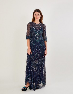 Blue Women's Monsoon Lily Embellished Maxi with Recycled Polyester Dress | NTK-6169