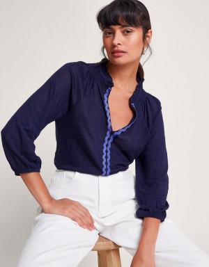 Blue Women's Monsoon Lola Embroidered Linen Tops | IJY-1471