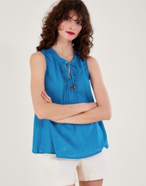 Blue Women's Monsoon Long Line Tank in Linen Blend Tops | QRN-6239