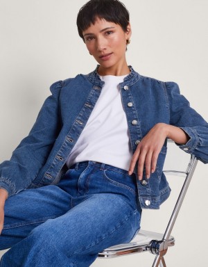 Blue Women's Monsoon Louisa Frill Denim Jacket | KKG-2491