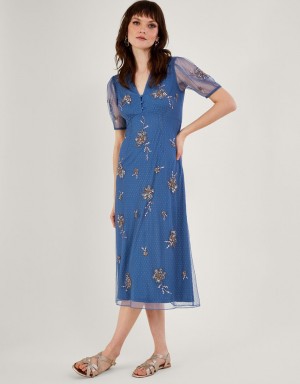 Blue Women's Monsoon Pamela Embellished Tea Dress | RHQ-4908