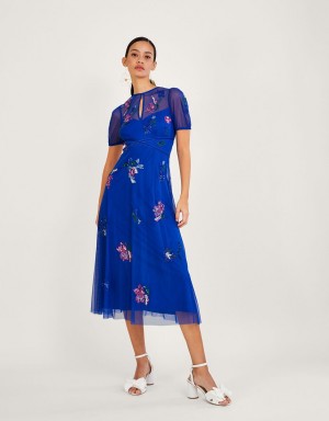 Blue Women's Monsoon Phoebe Embellished Midi in Recycled Polyester Dress | SME-3382