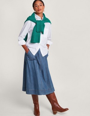 Blue Women's Monsoon Pull On Denim Midi in Sustainable Cotton Skirts | UQC-4035