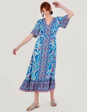 Blue Women's Monsoon Raegan Contrast Print with LENZING™ ECOVERO™ Dress | TJJ-7096