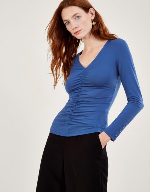 Blue Women's Monsoon Ruched Front Jersey with Recycled Polyester Tops | TKA-1638