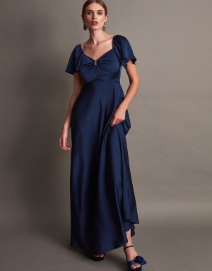 Blue Women's Monsoon Savannah Satin Maxi Dress | NPS-2306