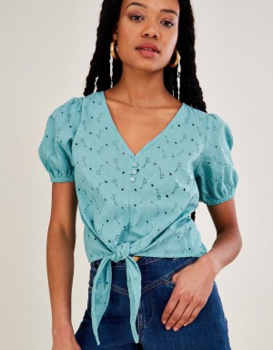 Blue Women's Monsoon Schiffli Tie Detail in Sustainable Cotton Tops | DXK-8097