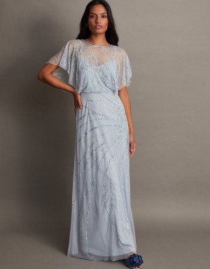 Blue Women's Monsoon Sienna Embellished Maxi with Recycled Polyester Dress | NRW-0572